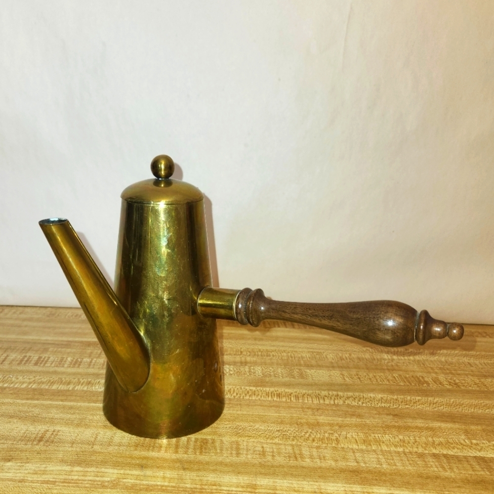 Vintage Brass Turkish Coffee Pot with Wooden Handle